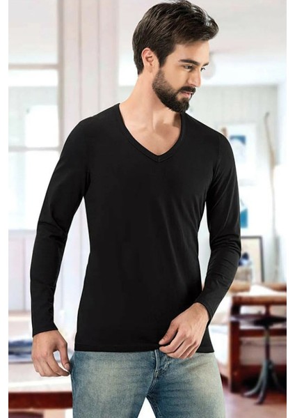 3 Adet, V Yaka Uzun Kollu Fit Kalıp Erkek Atlet %92 Pamuk %8 Likra Siyah