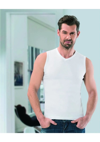 5 Adet, Ribana V Yaka Sıfır Kol Erkek Atlet %100 Pamuk Beyaz
