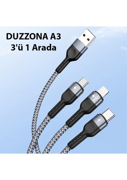 A3 3in1 Type-C + iPhone Lightning + Micro USB 3A Hızlı Şarj Kablosu 1.3m fiyatları
