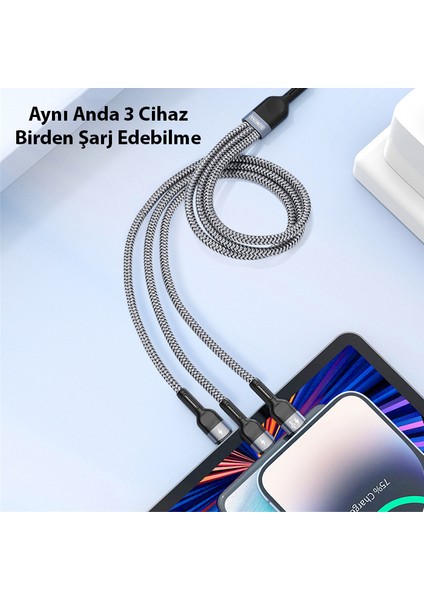 A3 3in1 Type-C + iPhone Lightning + Micro USB 3A Hızlı Şarj Kablosu 1.3m modelleri