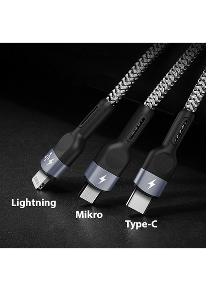 A3 3in1 Type-C + iPhone Lightning + Micro USB 3A Hızlı Şarj Kablosu 1.3m fırsatları