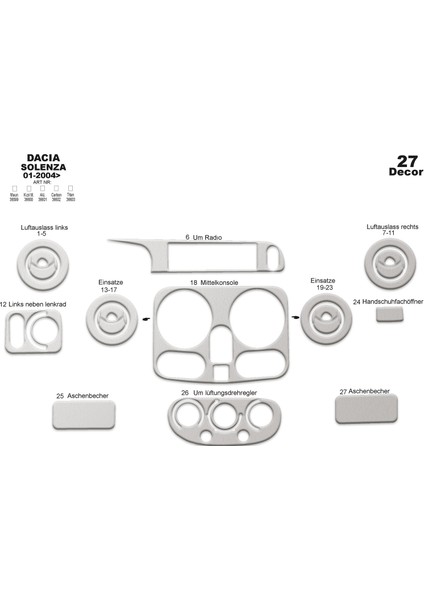 Meriç® Dacia Solenza Ön Torpido Kaplama Maun 27 Parça 2004-2009