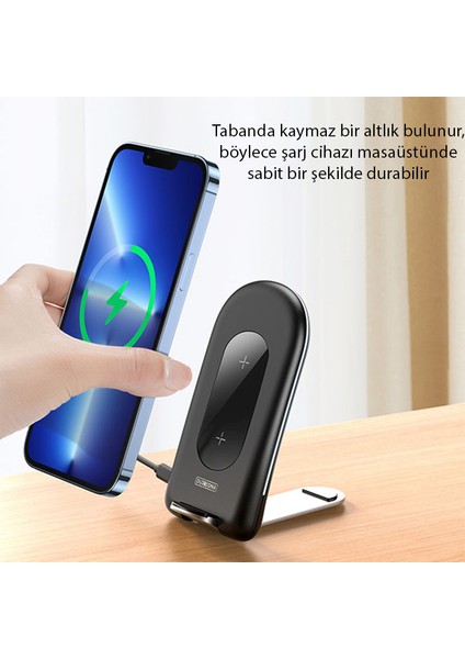 W2 Katlanır Standlı 15W Hızlı Şarj Wireless Kablosuz Şarj Cihazı