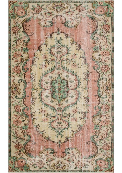 Vintage Bej Göbekli Yün ve Pamuk El Dokuma Oda Salon Halısı