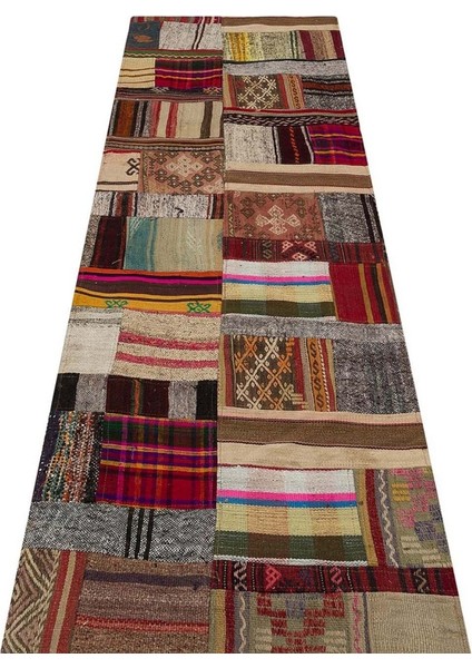 Patchwork Kahverengi Patchwork Yün ve Pamuk El Dokuma Oda Salon Halısı