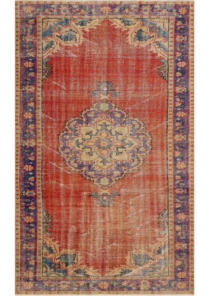 Vintage Mor Göbekli Yün ve Pamuk El Dokuma Oda Salon Halısı