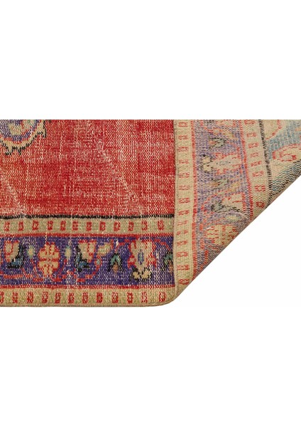Vintage Mor Göbekli Yün ve Pamuk El Dokuma Oda Salon Halısı