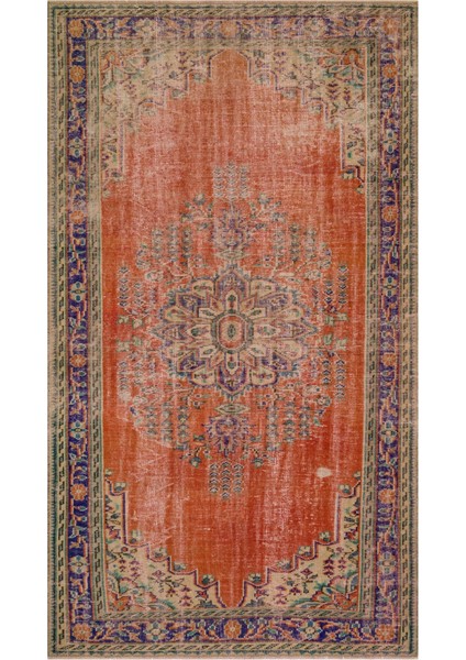 Vintage Turuncu Göbekli Yün ve Pamuk El Dokuma Oda Salon Halısı