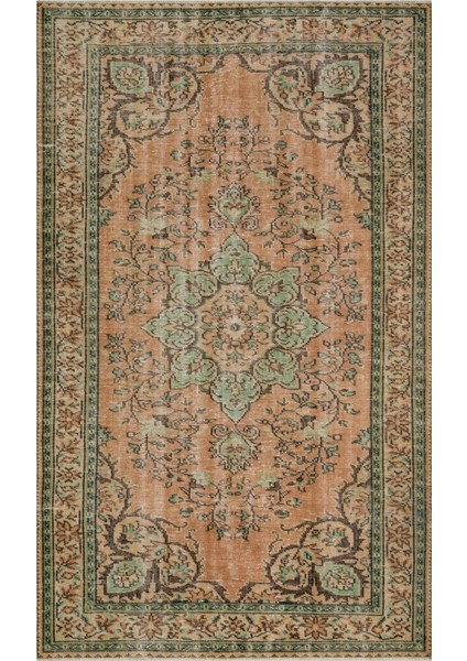 Vintage Kahverengi Göbekli Yün ve Pamuk El Dokuma Oda Salon Halısı