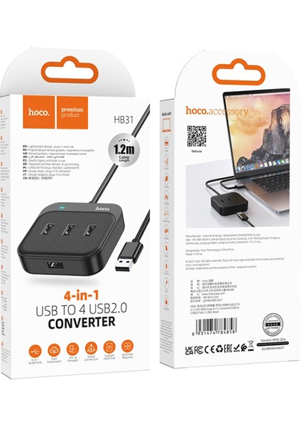 HB31 Easy 4in1 USB To 4x Usb2.0 Hub Çevirici Dönüştürücü Adaptör 1.2m