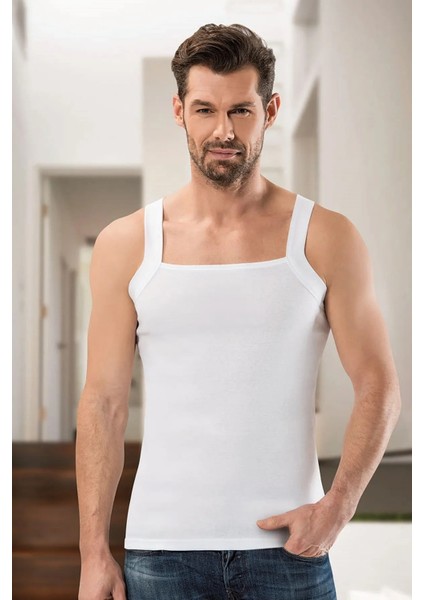 3 Adet, Askılı Kare Yaka Erkek Atlet %100 Pamuk(Ribana ) Beyaz