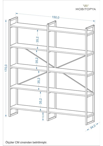 Nilamu 150 cm Kitaplık / Metal Aksamlı / Açık Raf / Organizer / Ofis / Ev / 5 Raflı Kitaplık