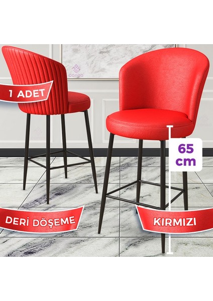 Concept Rika Serisi 65 cm Deri Bar Sandalyesi Siyah Metal Ayaklı 1 Adet Ada Mutfak Bar Sandalyesi