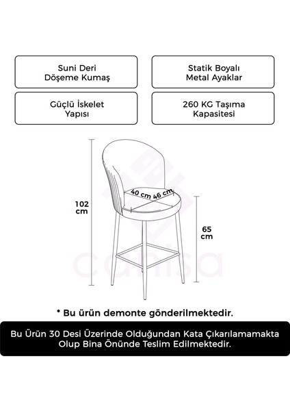 Concept Rika Serisi 65 cm Deri Bar Sandalyesi Siyah Metal Ayaklı 1 Adet Ada Mutfak Bar Sandalyesi