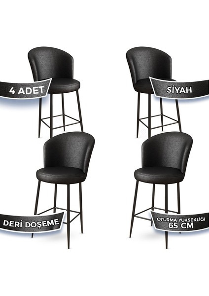 Concept Rika Serisi 65 cm Deri Bar Sandalyesi Siyah Metal Ayaklı 4 Adet Ada Mutfak Bar Sandalyesi