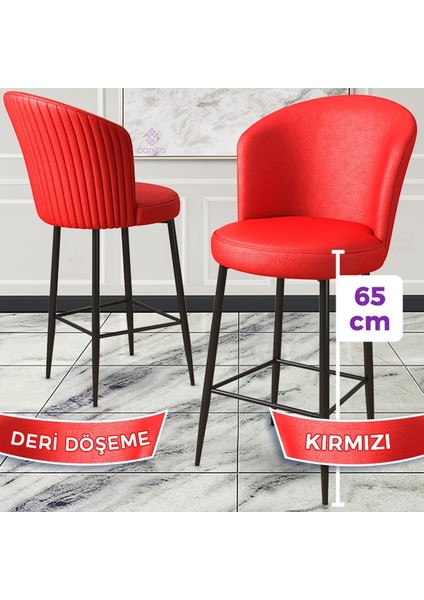Concept Rika Serisi 65 cm Deri Bar Sandalyesi Siyah Metal Ayaklı 6 Adet Ada Mutfak Bar Sandalyesi