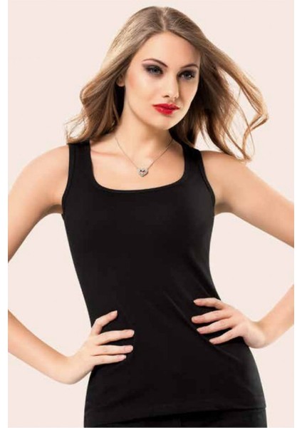 10 Adet, Kadın Havuz Yaka Atlet %92 Pamuk %8 Elastan Siyah