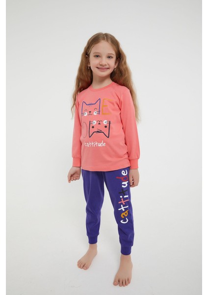 2944 Cattitude Pembe Kız Çocuk Uzun Kol Pijama Takım