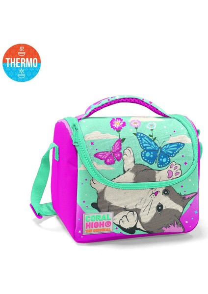 Coral High Kids Su Yeşili Pembe Kedi Desenli Thermo Beslenme Çantası 11707