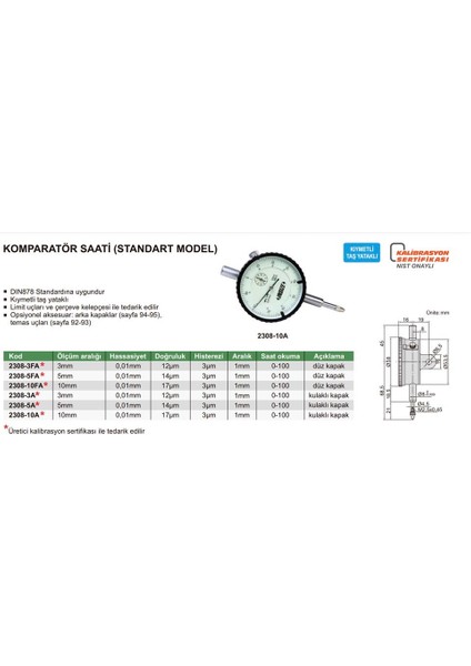 2308-10FA Komparatör Saati Düz Kapaklı  (Standart Model)