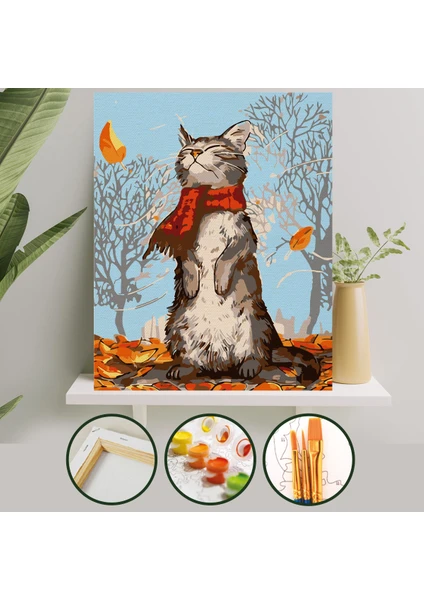 Sayılarla Boyama Tuval Seti Fırça Boya Dahil (Çıtalı) 40X50 cm - Kedi ve Sonbahar