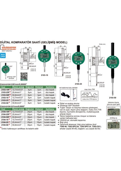 2103-10F Dijital Komparatör Saati Düz Kapaklı  (Gelişmiş Model)