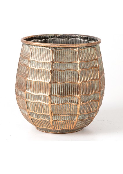 Kabartma Çizgi Desenli Metal Çiçeklik Saksı Bakır Eskitme-Gri 24X23X2