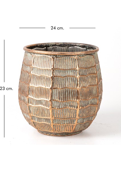 Kabartma Çizgi Desenli Metal Çiçeklik Saksı Bakır Eskitme-Gri 24X23X2 indirimleri