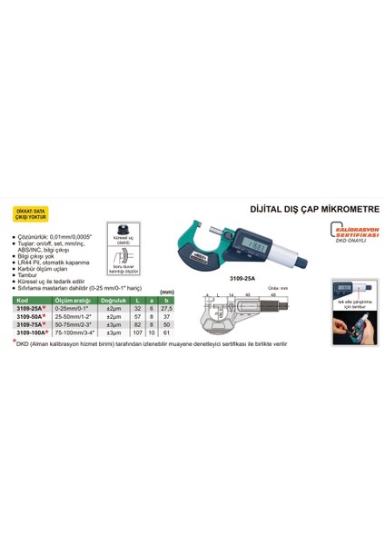 3109-50A Dijital Dış Çap Mikrometre