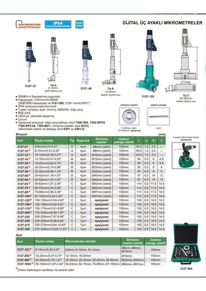 3127-1004 Dijital Üç Ayaklı Mikrometre Seti (4 Parça)