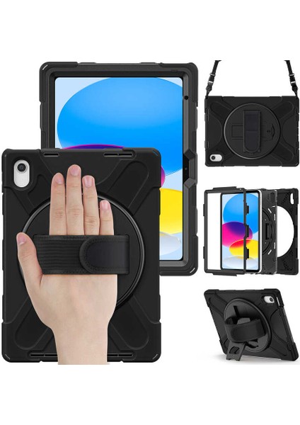 Case 4U Apple iPad 2022 (10.Nesil) Kılıf 10.9" Yeni Nesil Kalem Bölmeli Outdoor Defender Tablet Silikon Kapak Siyah