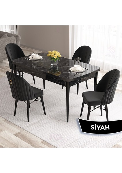 Concept Roz Serisi 80X132 Mdf Açılabilir Siyah Mermer Desen Mutfak Masa Takımı 4 Sandalye Gold Halkalı