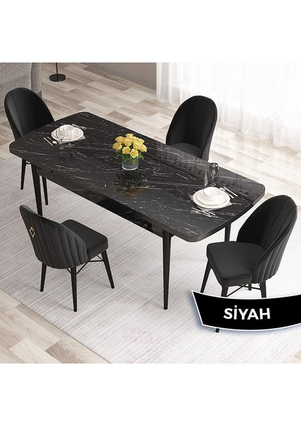 Concept Roz Serisi 80X132 Mdf Açılabilir Siyah Mermer Desen Mutfak Masa Takımı 4 Sandalye Gold Halkalı fiyatları