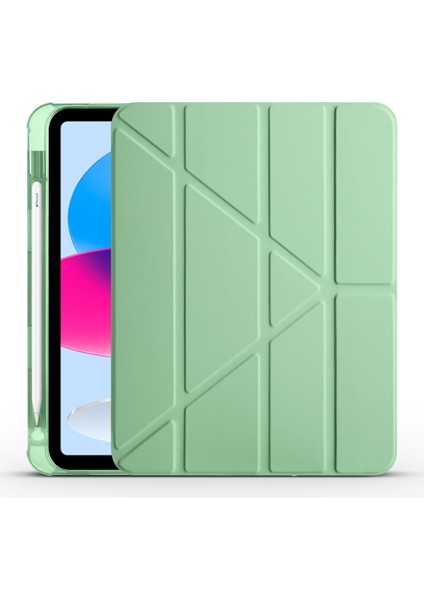 Case 4U Apple iPad 10.9 2022 (10.Nesil) Kılıf Kalem Bölmeli Tri Folding Smart Standlı Pu Deri Arkası Yumuşak Silikon 360 Tam Koruma Açık Yeşil