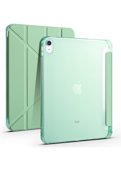 Case 4U Apple iPad 10.9 2022 (10.Nesil) Kılıf Kalem Bölmeli Tri Folding Smart Standlı Pu Deri Arkası Yumuşak Silikon 360 Tam Koruma Açık Yeşil