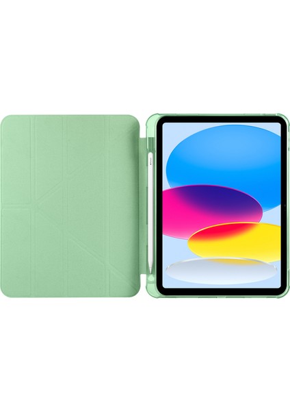 Case 4U Apple iPad 10.9 2022 (10.Nesil) Kılıf Kalem Bölmeli Tri Folding Smart Standlı Pu Deri Arkası Yumuşak Silikon 360 Tam Koruma Açık Yeşil