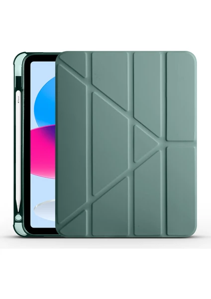 Case 4U Apple iPad 10.9 2022 (10.Nesil) Kılıf Kalem Bölmeli Tri Folding Smart Standlı Pu Deri Arkası Yumuşak Silikon 360 Tam Koruma Koyu Yeşil