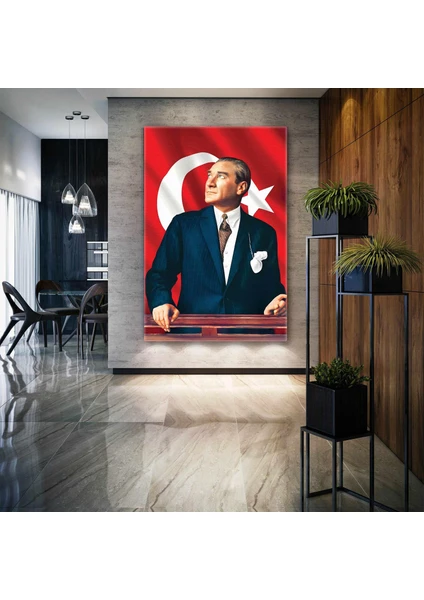 SML Tablo Mustafa Kemal Atatürk Arkasında Bayrak Makam Odası Dekor Kanvas Tablo