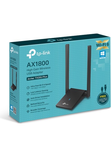 Tp-Link Archer TX20U Plus 1800 Mbps Çift Anten Kablosuz USB Adaptör AX1800