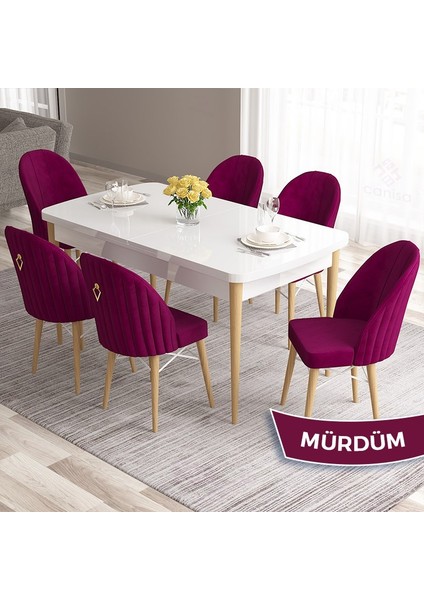 Concept Roz Serisi 80X132 Mdf Beyaz Mutfak Masa Takımı Doğal Ahşap Ayak Beyaz Kafes 6 Sandalye Gold Halka