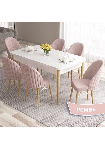 Concept Roz Serisi 80X132 Mdf Beyaz Mutfak Masa Takımı Doğal Ahşap Ayak Beyaz Kafes 6 Sandalye Gold Halka