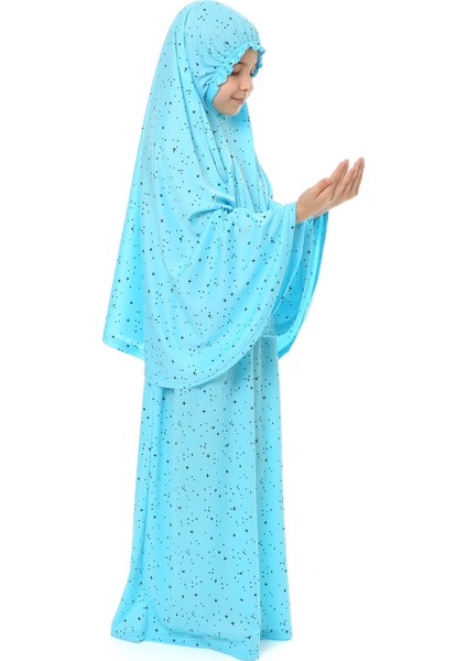 Kız Çocuk Namaz Elbisesi Yıldız Desenli Uzun Başörtülü