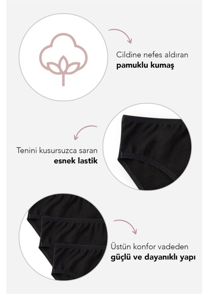 Kız Çocuk Pamuklu Bikini Kesim Düz Basic Külot 3'lü Paket Siyah