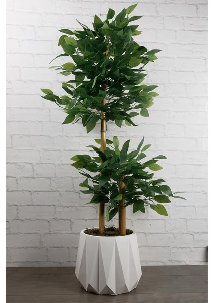 Yapay Çiçek Beton Saksıda Benjamin Ağacı Bambu Gövdeli Yoğun Dolgun Yapraklı 105 cm