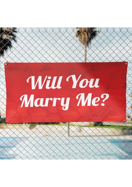 Evlilik Teklifi Will You Marry Me Pembe Kalpli Afiş Pankart