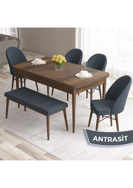 Concept Roz Serisi 80X132 Mdf Barok Ahşap Desen Mutfak Masası 4 Sandalye ve 1 Bench Gold Halkalı