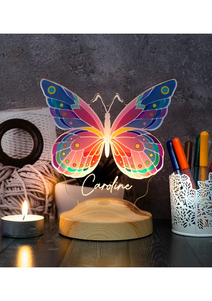 Renkli Baskılı Kelebek Kişiye Özel LED Lamba, Kelebek Tasarımlı 3D Gece Lambası, Kelebek Desenli LED Lamba