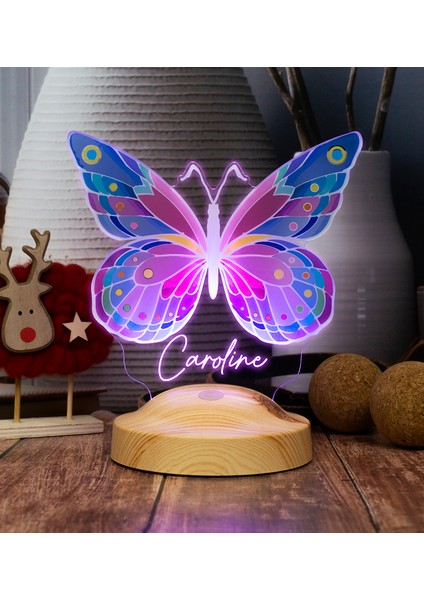Renkli Baskılı Kelebek Kişiye Özel LED Lamba, Kelebek Tasarımlı 3D Gece Lambası, Kelebek Desenli LED Lamba