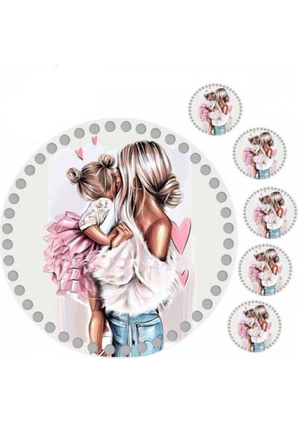 31 cm Anne Kız Baskılı Örgü Ahşap Tepsi Tabanı Plakası, 5 Adet 10 cm Baskılı Bardak Altı