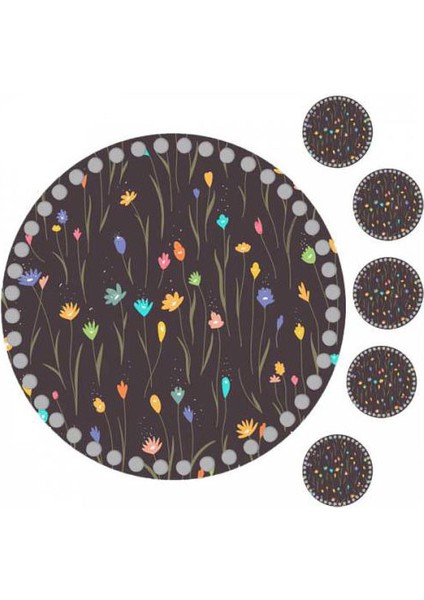 30 cm Çiçek Baskılı Örgü Ahşap Tepsi Tabanı Plakası, 5 Adet 10 cm Baskılı Bardak Altı 05